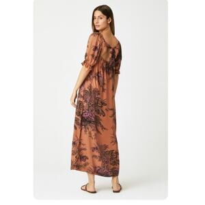 Anthropologie SZ XS Puff Sleeve Smocked Dress Square Neckline Bird Print Orange